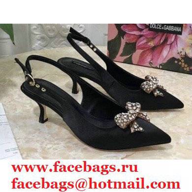 Dolce & Gabbana Heel 6.5cm Satin Slingbacks Black with Crystal Bow 2021